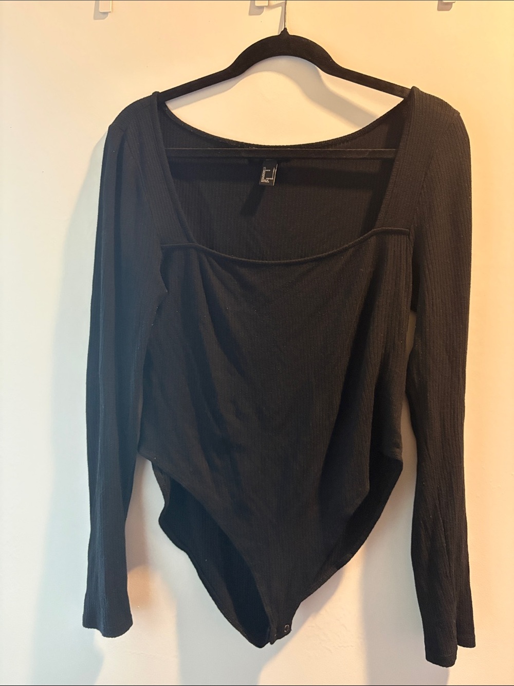 Forever 21 Black Long Sleeve Square Neck Ribbed Bodysuit